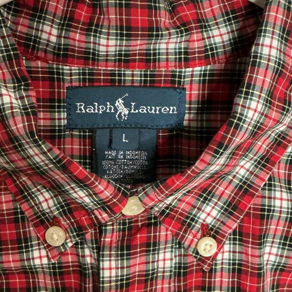 Ralph Lauren Custom Fit Plaid Oxford Shirt Men's L Red Green Tartan Button Down - Picture 3 of 8